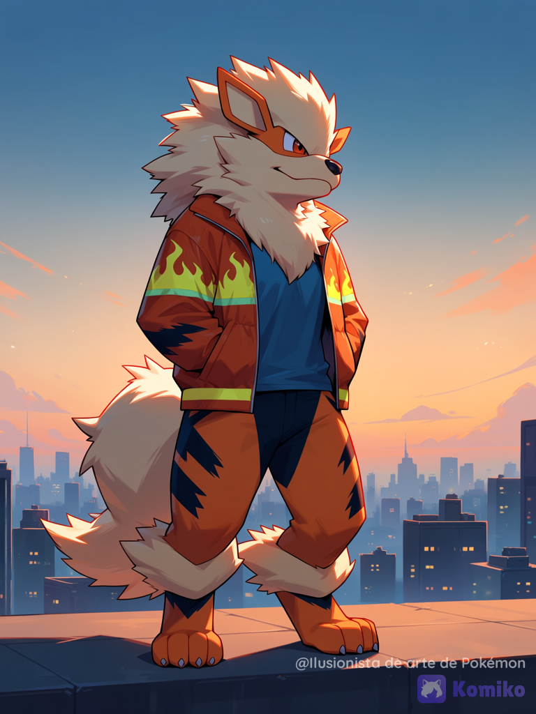 Arcanine con una chaqueta viendo el paisaje desde un edificio