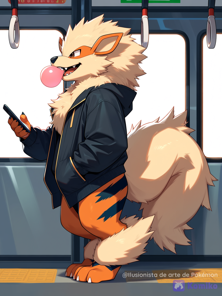 Arcanine con una chaqueta con un teléfono, el tren
