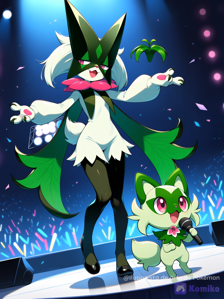 Sprigatito y Meowscarada en un escenario