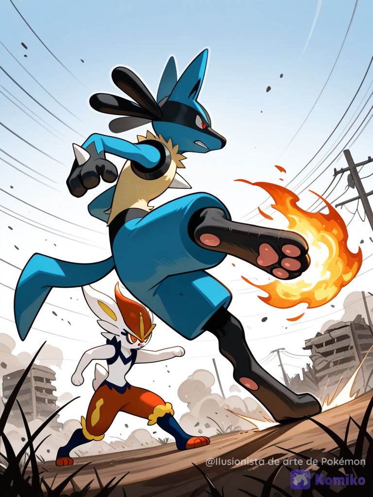 Lucario y cinderace en una ciudad destruida