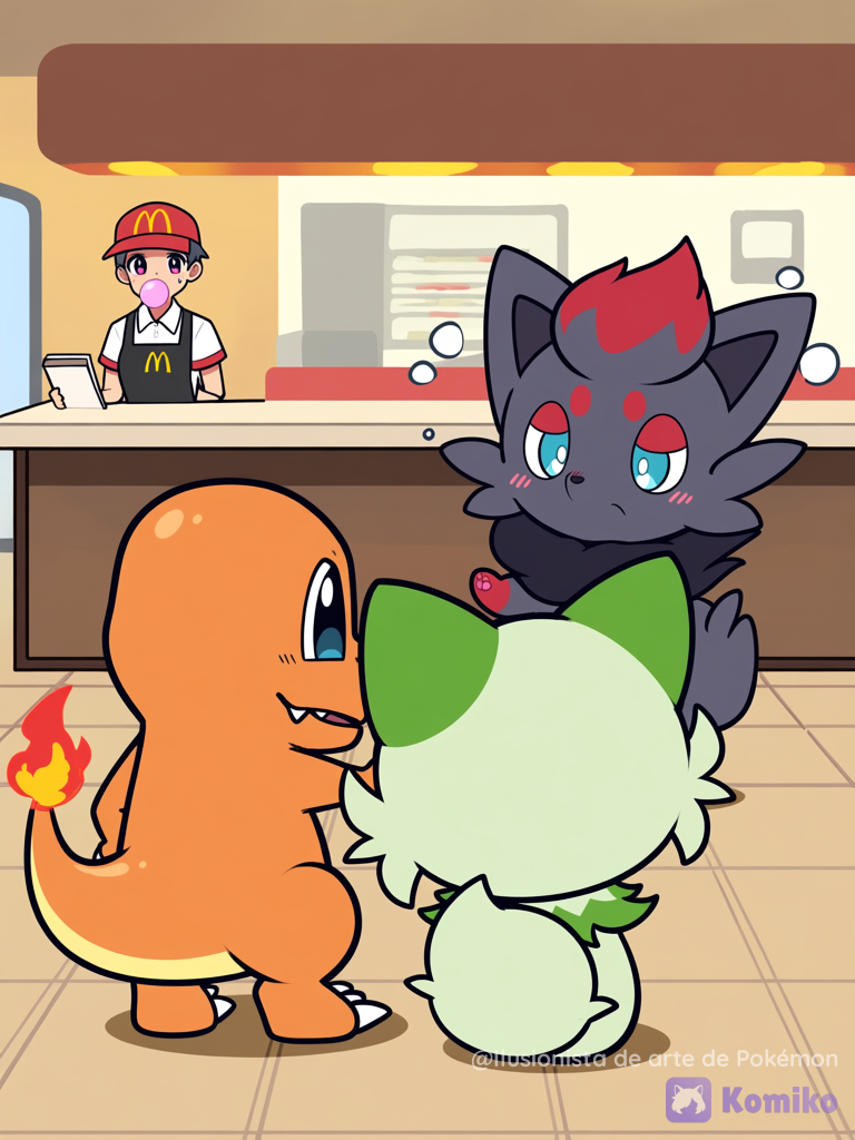 Charmander, Zorua y sprigatito en un McDonald's