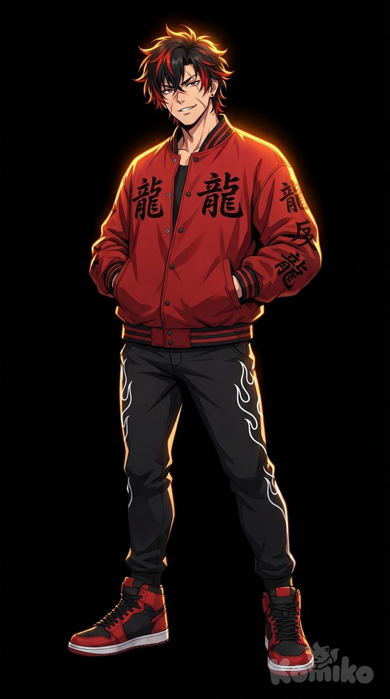 Full body anime digital illustration of a muscular male delinquent-turned-hero named Ryusei