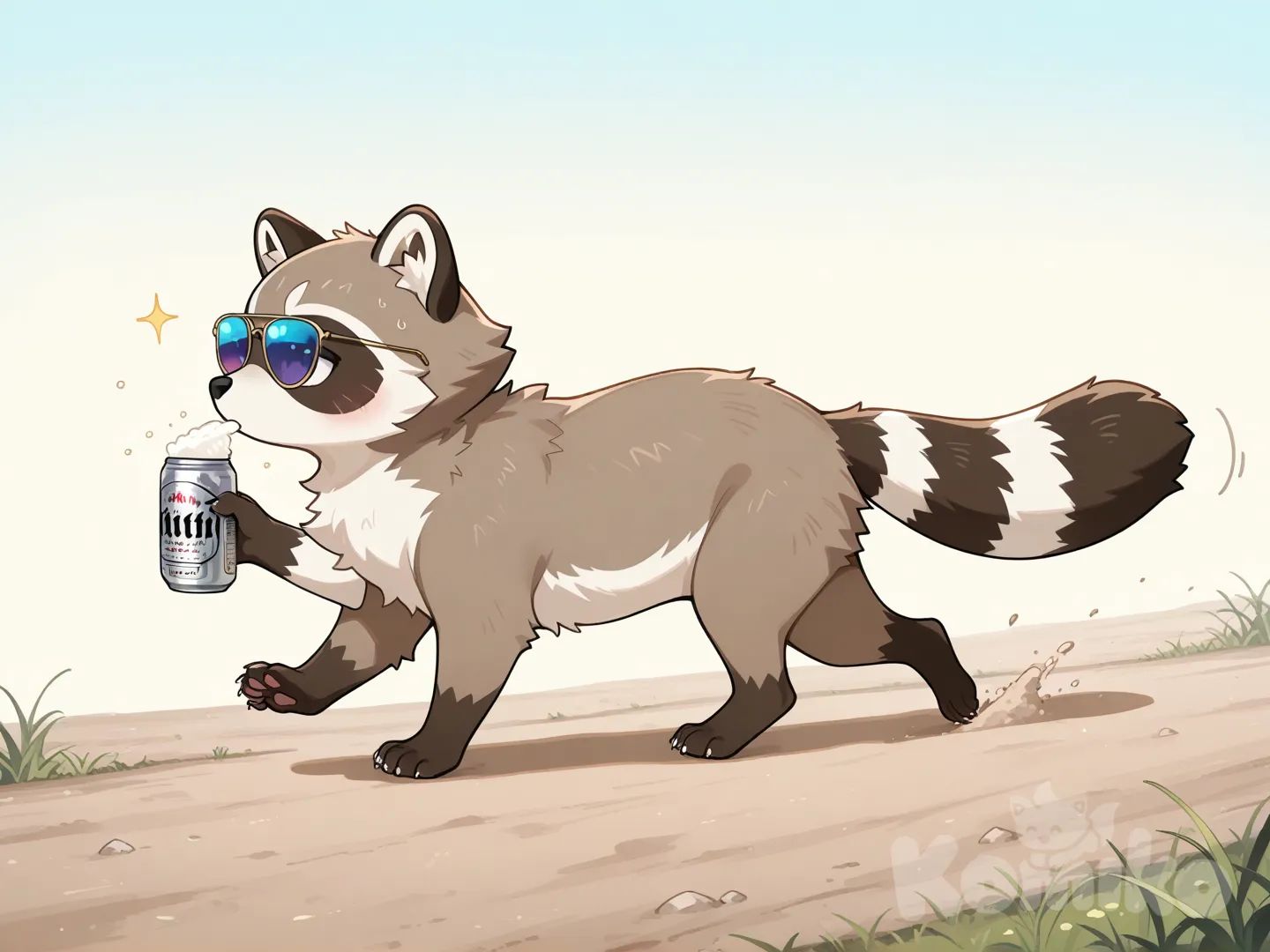 Un mapache animal, con lentes de sol con el marco turquesa y los vidrios azules tomando una cerveza en lata entrando en una vereda