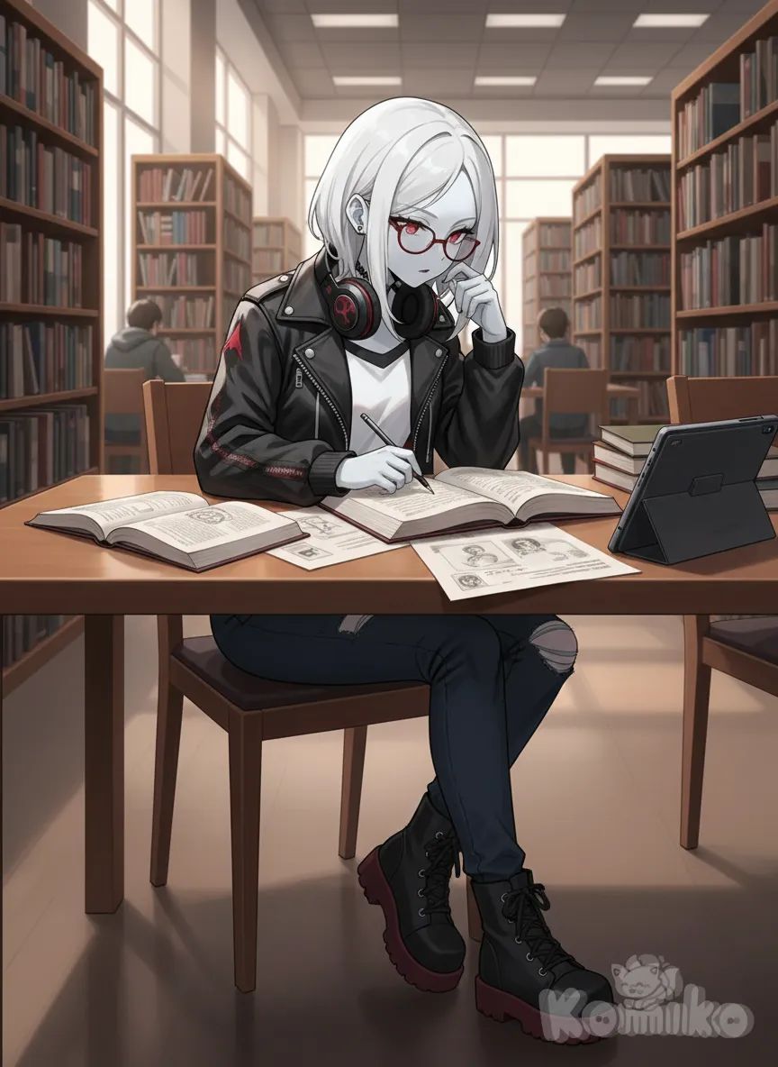 <norture-40rz>, studying in biblioteca , anime style