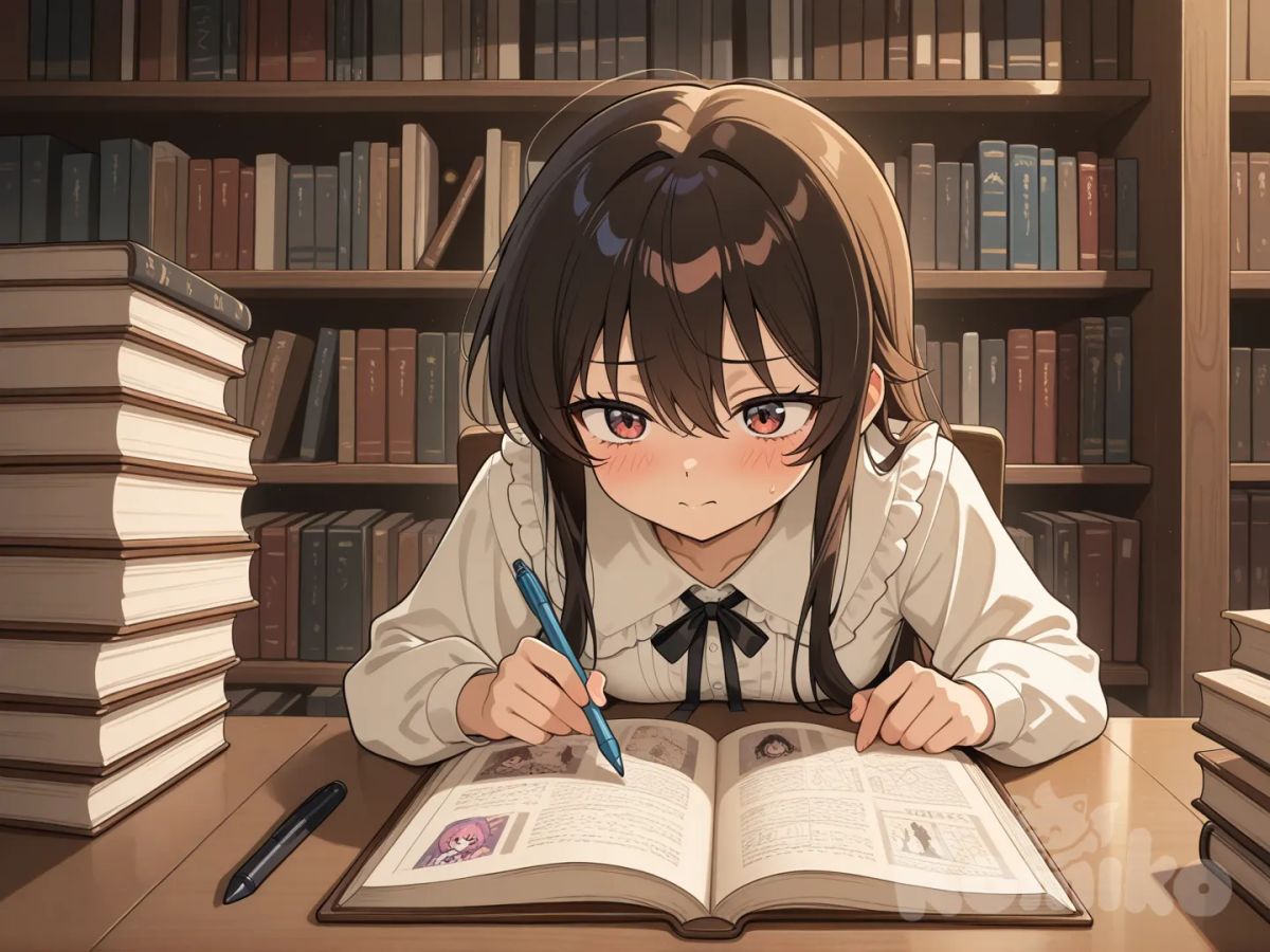 Studying in library.