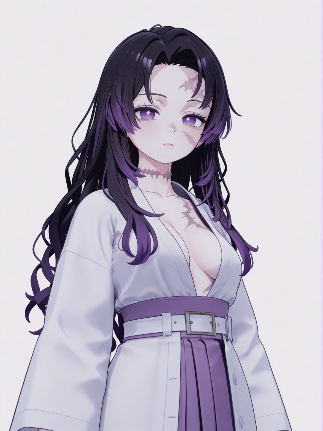 [3d-anime-style] 1girl, demon_slayer_style, mature_female, petite, long_hair, purple_eyes, scar, pale_skin, single_character, full_body, looking_at_viewer, simple_background, white_background