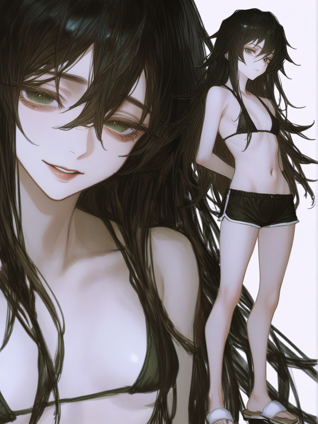 [semi-realistic-portrait-style] 1girl, skinny, long_hair, green_eyes, dimples, olive_skin, demon_slayer_style, single character, full body, looking at viewer, simple background, white background