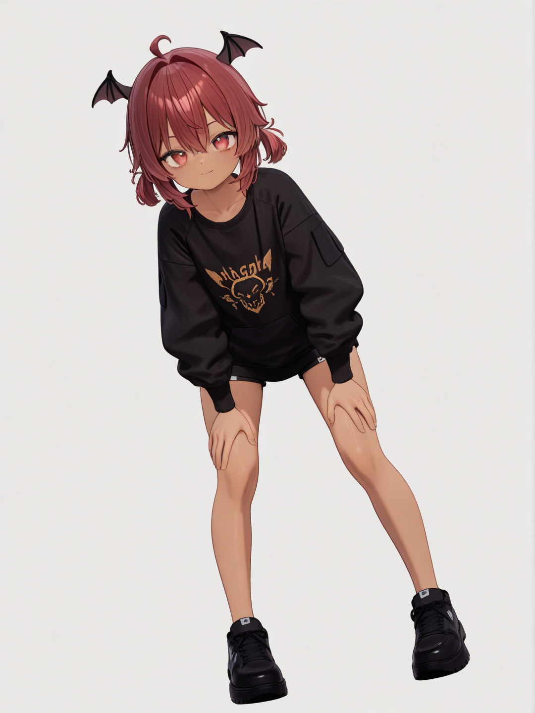 [3d-anime-style] 1boy, demon, teenager, slim, red hair, red eyes, tan skin, single character, full body, looking at viewer, anime style, simple background, white background