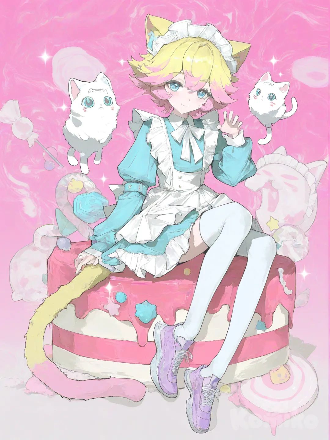 whimsical, pastel-themed character with soft pink hair streaked with bright yellow highlights, giving his hair a candy-like shimmer. He has matching cat ears and a fluffy cat tail, both blending perfectly with his colorful hair. His hair and outfit have adorable textured details, adding a sparkly, sugary feel to his design.

He’s posed in a floating, sitting position, as if weightlessly drifting through the air. His expression is sweet and inviting — a cute face with a gentle blush, and he’s smiling warmly, showing his playful charm. His eyes are a bright, adorable blue, wide and full of life.

He wears a blueish-pinkish maid outfit that fits his soft aesthetic, complete with a white bow tied neatly at the back and a classic white maid hat perched on his head. He also has white leggings that make his outfit look even cuter, paired with purple shoes that add a little pop of color.

Behind him is a dreamy background filled with cake and candy textures, giving the whole scene a sweet, dessert-themed vibe — like he’s floating in a sugary fantasy world., [desaturated-illustration-style]