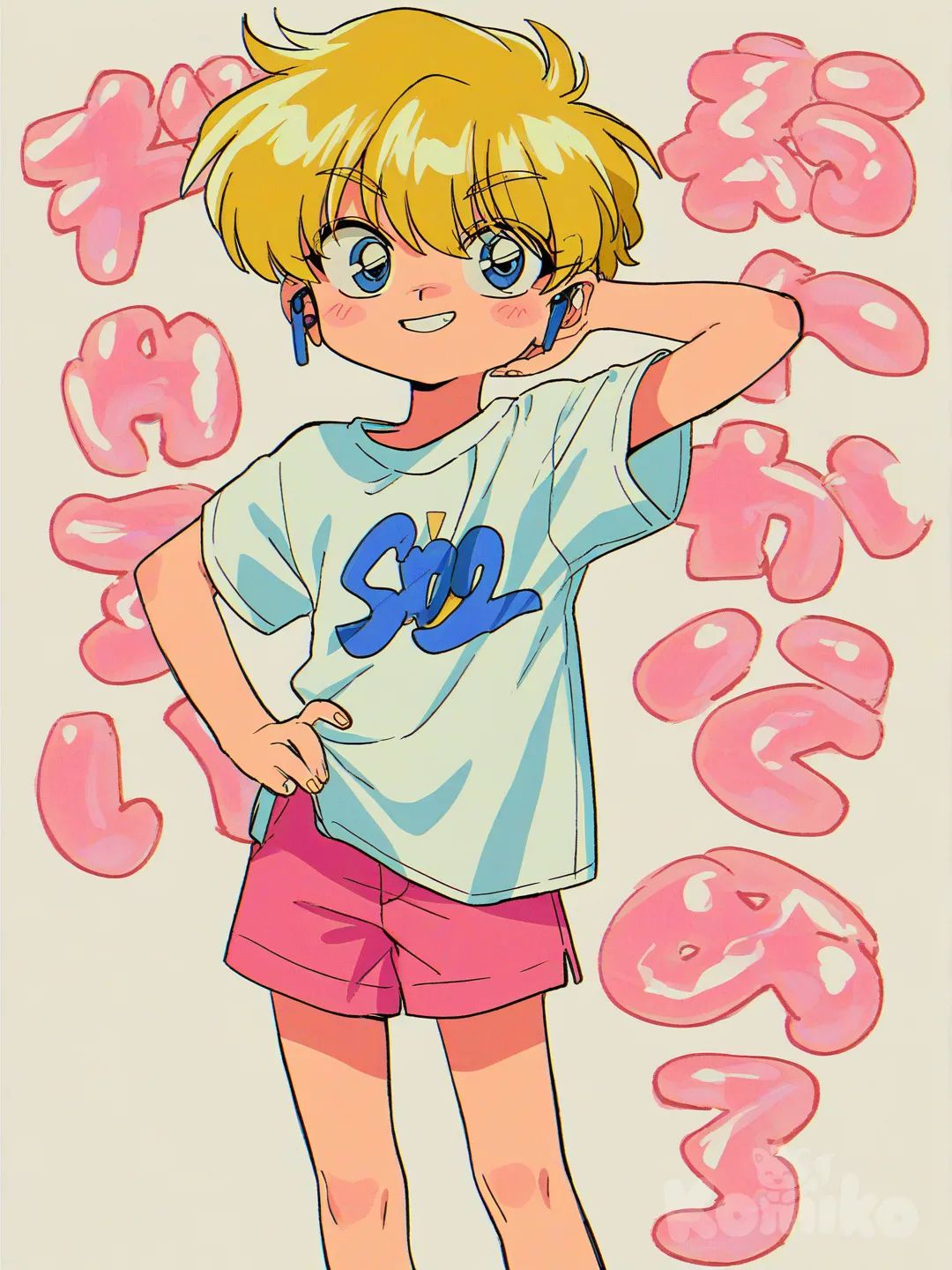 1boy,cute pose,hearing aid, white shirt, pink shorts, blonde hair, child, smile, [90s-shojo-style]