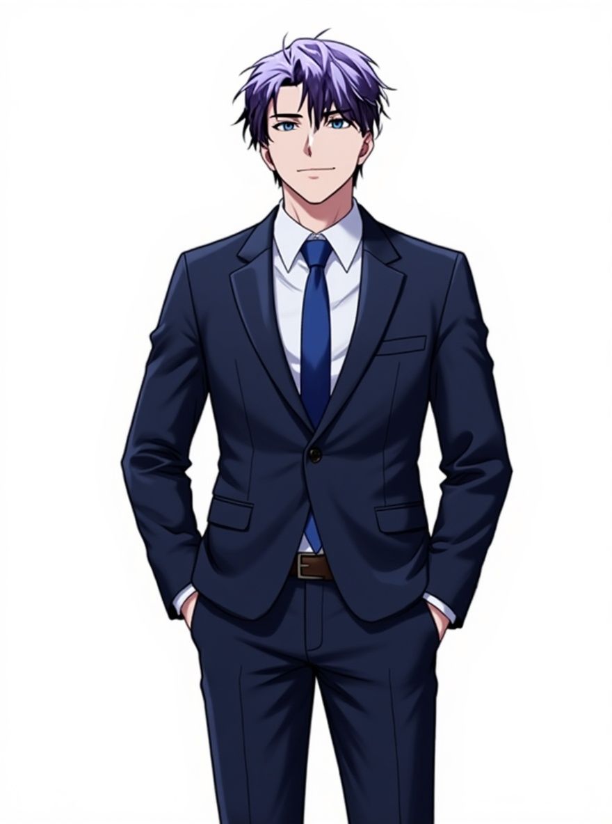 1boy, young man, sharp aura, charismatic, modern stylish clothing, business suit, reflecting strength and stability, firm face, determined expression, ambitious look, wise eyes, confident pose, determined attitude, successful businessman, single character, full body, looking at viewer, anime style, simple background, white background