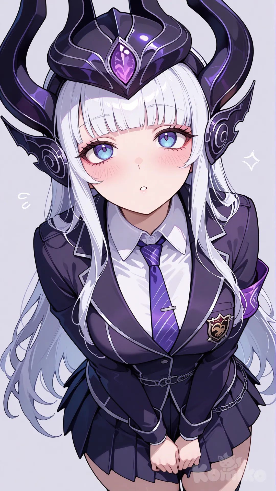 blue eyes, tareme, blunt bangs, long hair, pleated skirt, necktie, from above, [glossy-anime-style], blush, Syndra