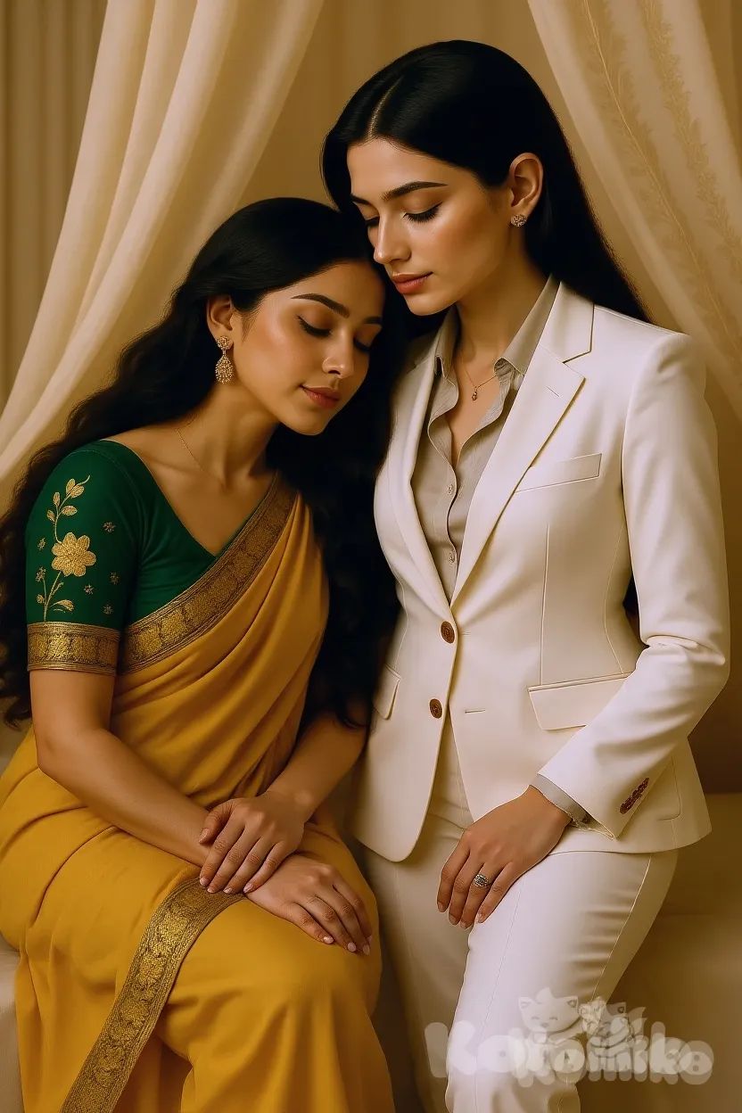 A hyper-realistic digital painting of two elegant young women in an intimate, softly lit moment. On the left, a South Asian woman in a mustard-yellow saree with a green blouse leans gently back against the wall, her long dark hair adorned with jasmine flowers and a red blossom, golden jhumka earrings shining softly. Her face and expression match the uploaded reference image, looking upward with tender anticipation. On the right, another woman leans in close, bracing one arm against the wall above the saree-clad woman. She wears a crisp white double-breasted suit with gleaming gold buttons, high-waisted trousers, and a sheer high-neck blouse underneath. Her face also matches the uploaded reference, exuding elegance and sophistication. Her free hand rests gently at the waist of the woman in the saree, drawing them into a moment of closeness. The lighting is warm and cinematic, with smooth shading and depth, creating an atmosphere of romance, realism, and intimacy.

Tip : Use reference image charectors but make sure position as per prompt 


Negative Prompt:
blurry, distorted faces, cartoonish, bad anatomy, deformed hands, low resolution, oversaturated colors, flat or harsh lighting

Aspect Ratio: 9:16