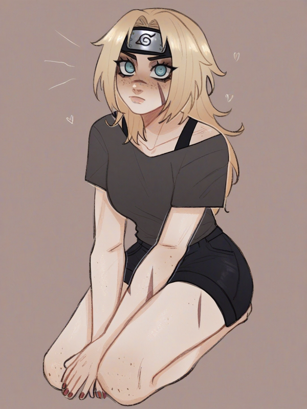 [soft-shaded-moe-style] 1girl, naruto style, teen, tall, muscular, mullet, blonde hair, pink hair, blue eyes, pink eyes, scar, freckles, pale skin, single character, full body, looking at viewer, simple background, white background