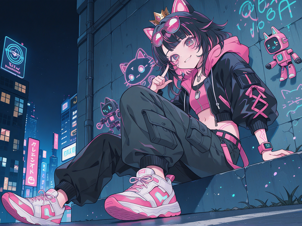 Cyberpunk Girl + Pink Robot Cat (JSON)