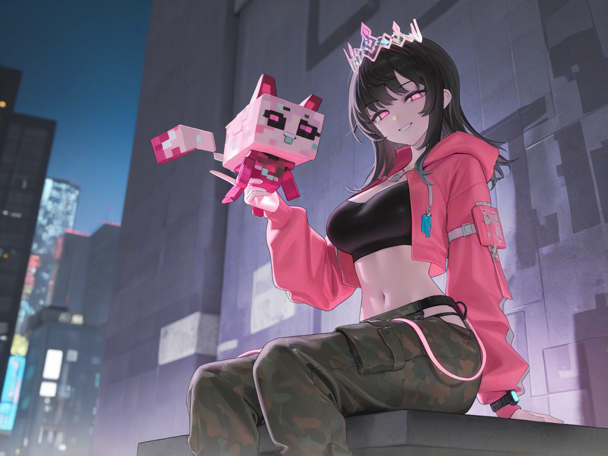 Cyberpunk Girl + Pink Robot Cat