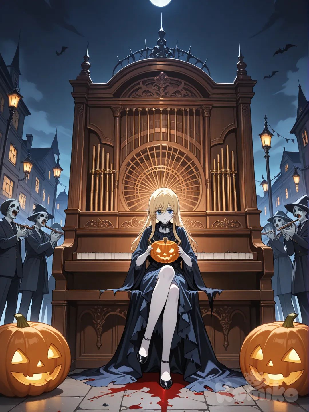 Kaori miyazono from your lie in April get resurrected as a zombie and plays a piano solo on an organ in a Halloween parade
