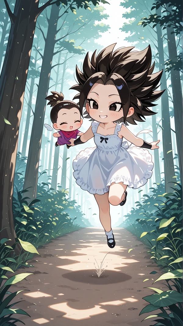 Cute Chibi Caulifla and Baby Kale Levitating in Forest