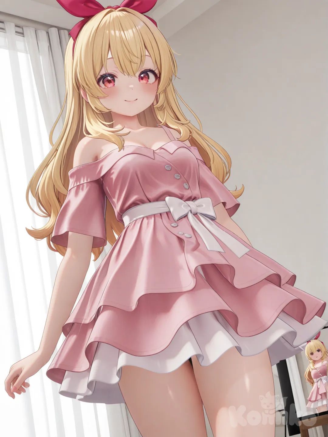 Hoshimiya Ichigo mặc váy trễ vai, có nơ ở eo, chân váy xòe làm bằng lụa , màu hồng, [3d-anime-style]