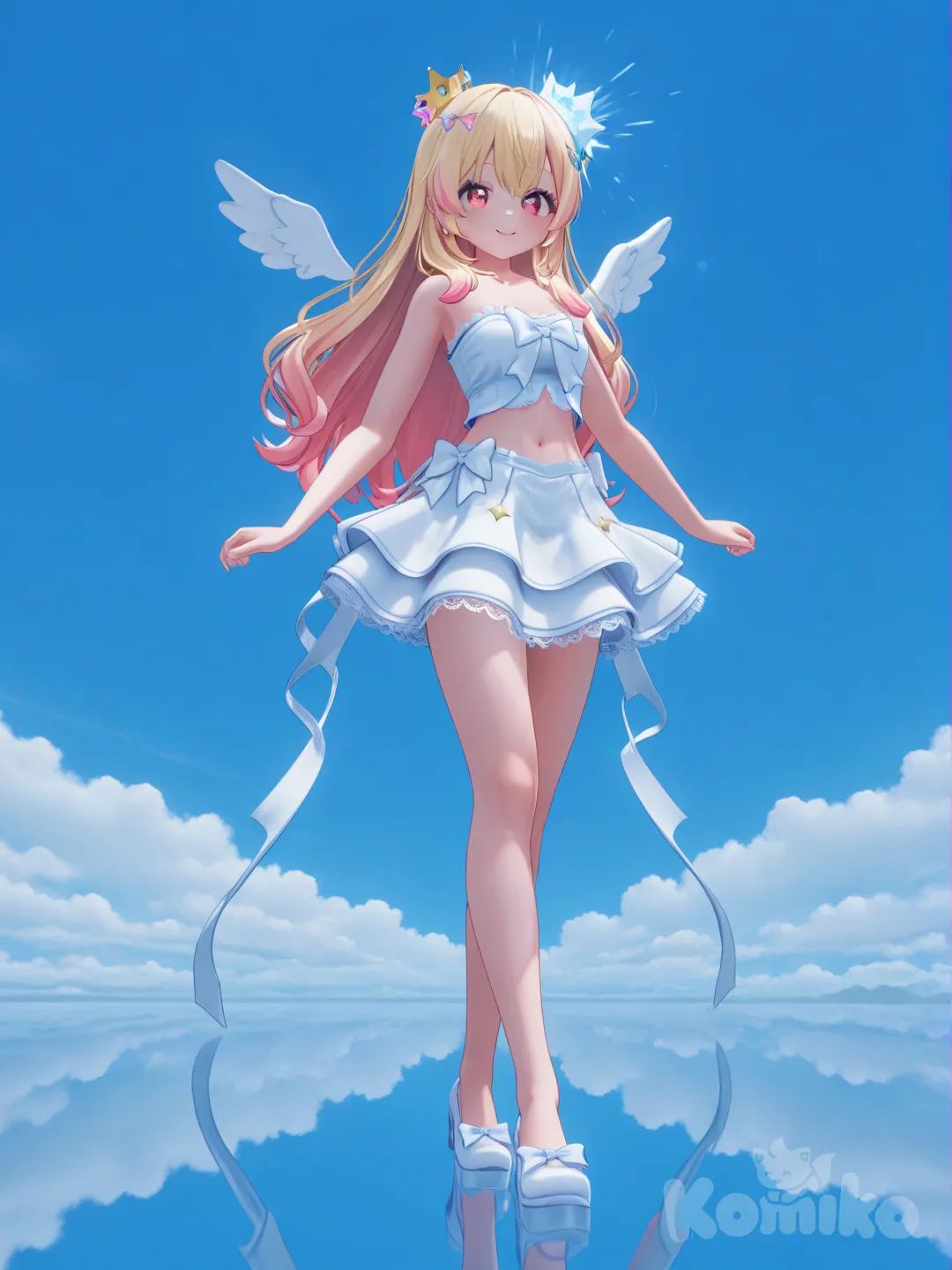 Hoshimiya Ichigo, mặc váy cúp ngực, có ren, hở bụng, chân váy xòe, có nơ ngôi sao dài, có ren, đầu đội vương miện ngôi sao lấp lánh , có cánh thiên thần, màu sắc trang phục hài hòa, chủ đạo là màu da xanh da trời, trắng, hồng, [3d-anime-style]