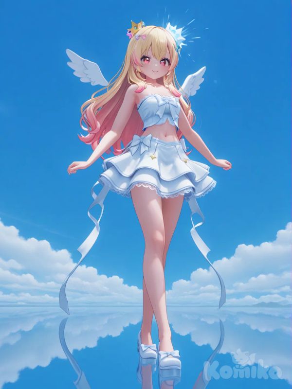 Hoshimiya Ichigo, mặc váy cúp ngực, có ren, hở bụng, chân váy xòe, có nơ ngôi sao dài, có ren, đầu đội vương miện ngôi sao lấp lánh , có cánh thiên thần, màu sắc trang phục hài hòa, chủ đạo là màu da xanh da trời, trắng, hồng, [3d-anime-style]
