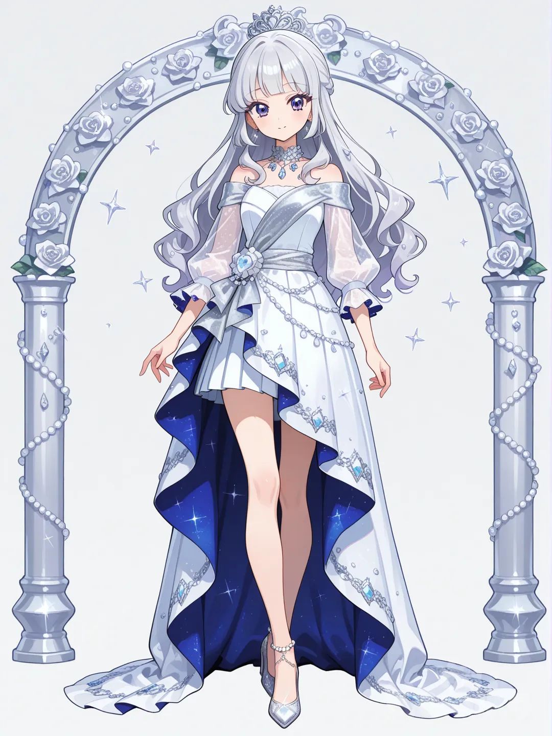 Kiseki Raki aikatsu, mặc váy dài màu trắng chụm vào chân, có hoa và kim cương màu bạc chéo từ eo lên hay vai, có tay áo dài bó vào tay màu trong suốt, đi giày cao gót màu vàng lấp lánh có hạt cườm ngọc trai ở cổ chân