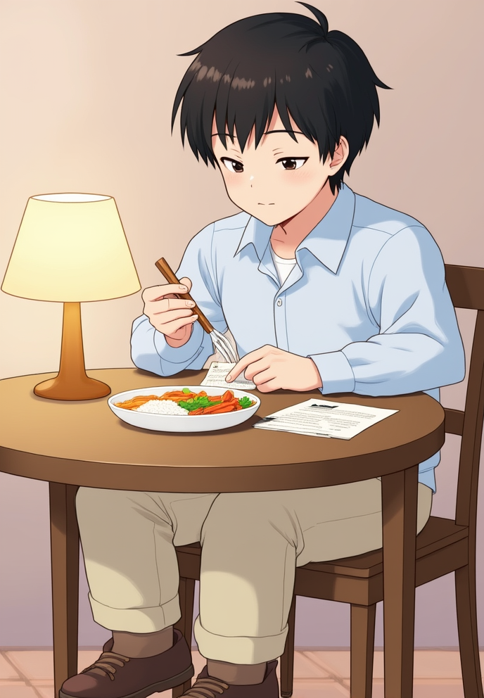 Character 0 is Budi, description: A 30-year-old Indonesian man with short black hair, dark brown eyes, and tan skin. He wears a light blue collared shirt, khaki pants, and brown shoes. He has a determined expression on his face..
Budi sitting at a small dining table in his modest apartment. He is eating a simple meal of rice and vegetables while reviewing work documents. A small lamp illuminates the table, anime style with soft pastel color and soft lighting