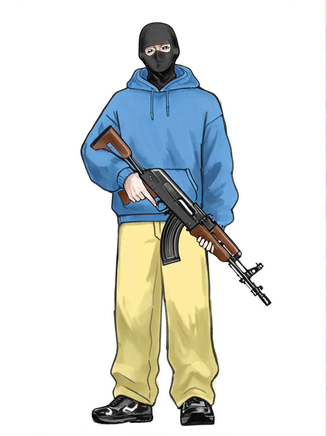 [sketchy-painterly-style] 1boy, black balaclava, blue hoodie, yellow pants, black shoes, holding ak-47, single character, full body, looking at viewer, anime style, simple background, white background