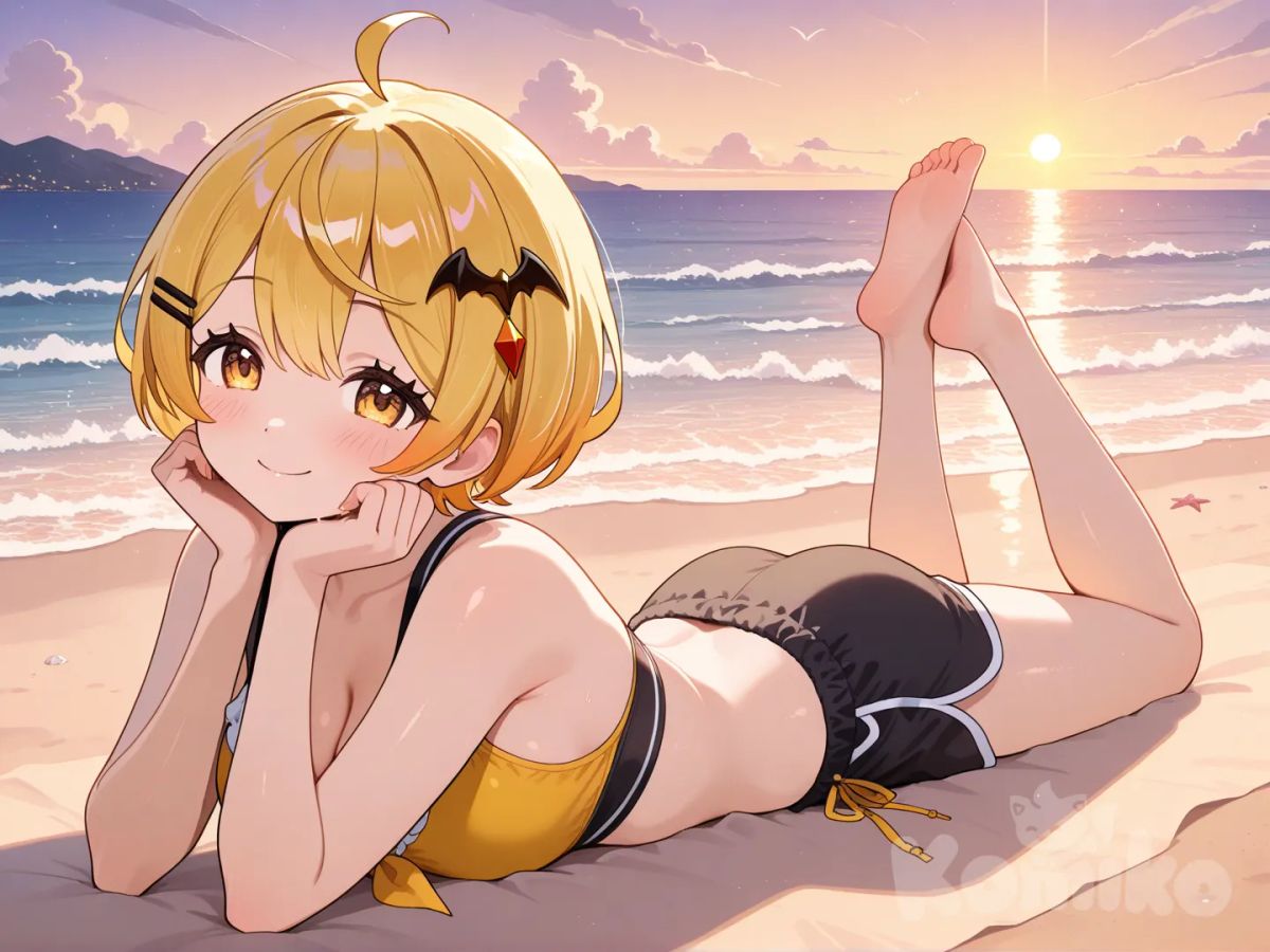 @Yozora_Mel, lie on stomache, smile, beach shorts, ocean, twilight, full body