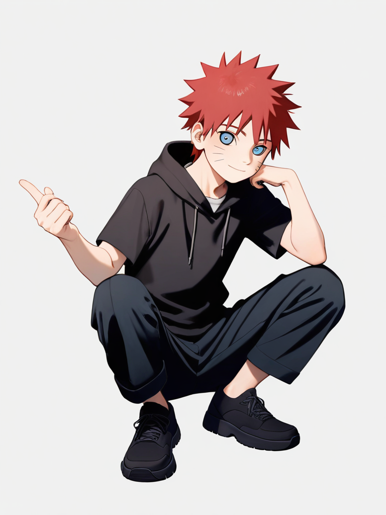 1boy, naruto style, teenager, slim, tall, red hair, blue eyes, single character, full body, looking at viewer, simple background, white background