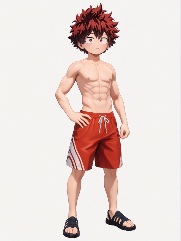 [3d-anime-style] 1boy, my hero academia (style), teenager, short (size), stocky, red hair, brown eyes, beach shorts, single character, full body, looking at viewer, anime style, simple background, white background