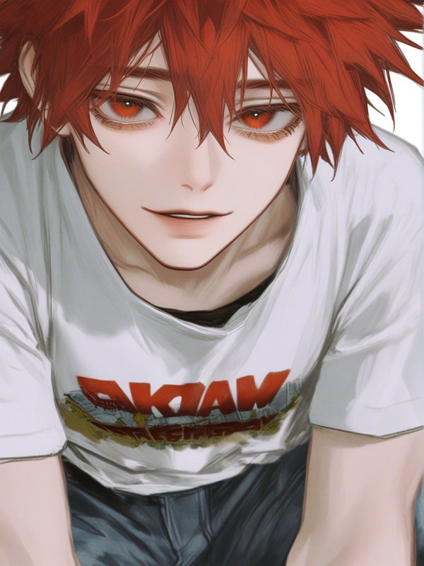 [semi-realistic-portrait-style] 1boy, teenager, short, slim, red hair, red eyes, t-shirt, casual pants, my hero academia style, single character, full body, looking at viewer, simple background, white background