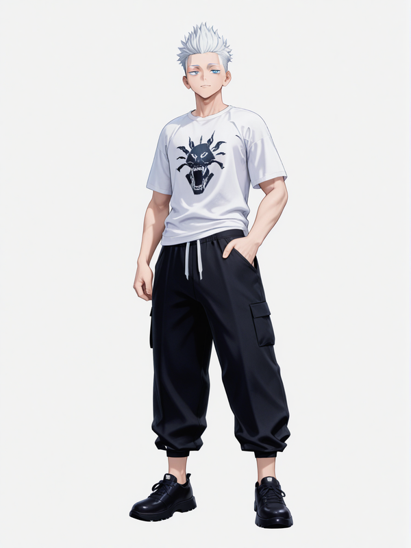 [3d-anime-style] 1boy, jujutsu kaisen, teenager, short, scrawny, off-white hair, mohawk, blue eyes, t-shirt, wide-leg pants, single character, full body, looking at viewer, anime style, simple background, white background
