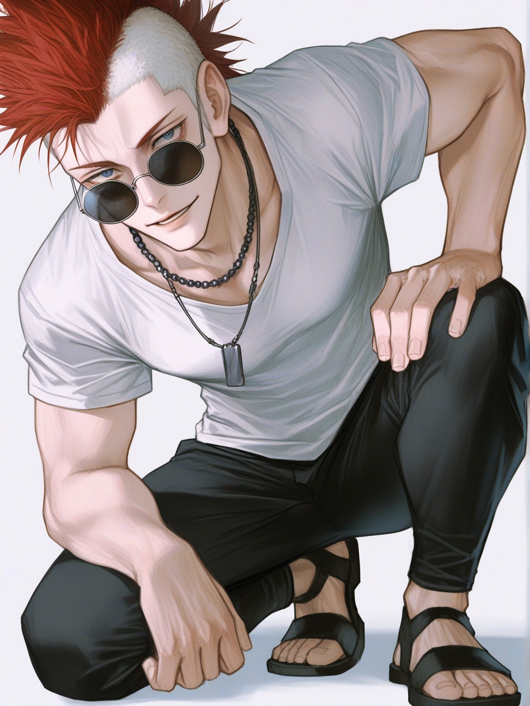 [semi-realistic-portrait-style] 1boy, jujutsu kaisen, naruto (series), teen, short, scrawny, mohawk, blue eyes, t-shirt, wideleg pants, off-white hair, red hair, necklace, sunglasses, naruto style, single character, full body, looking at viewer, simple background, white background