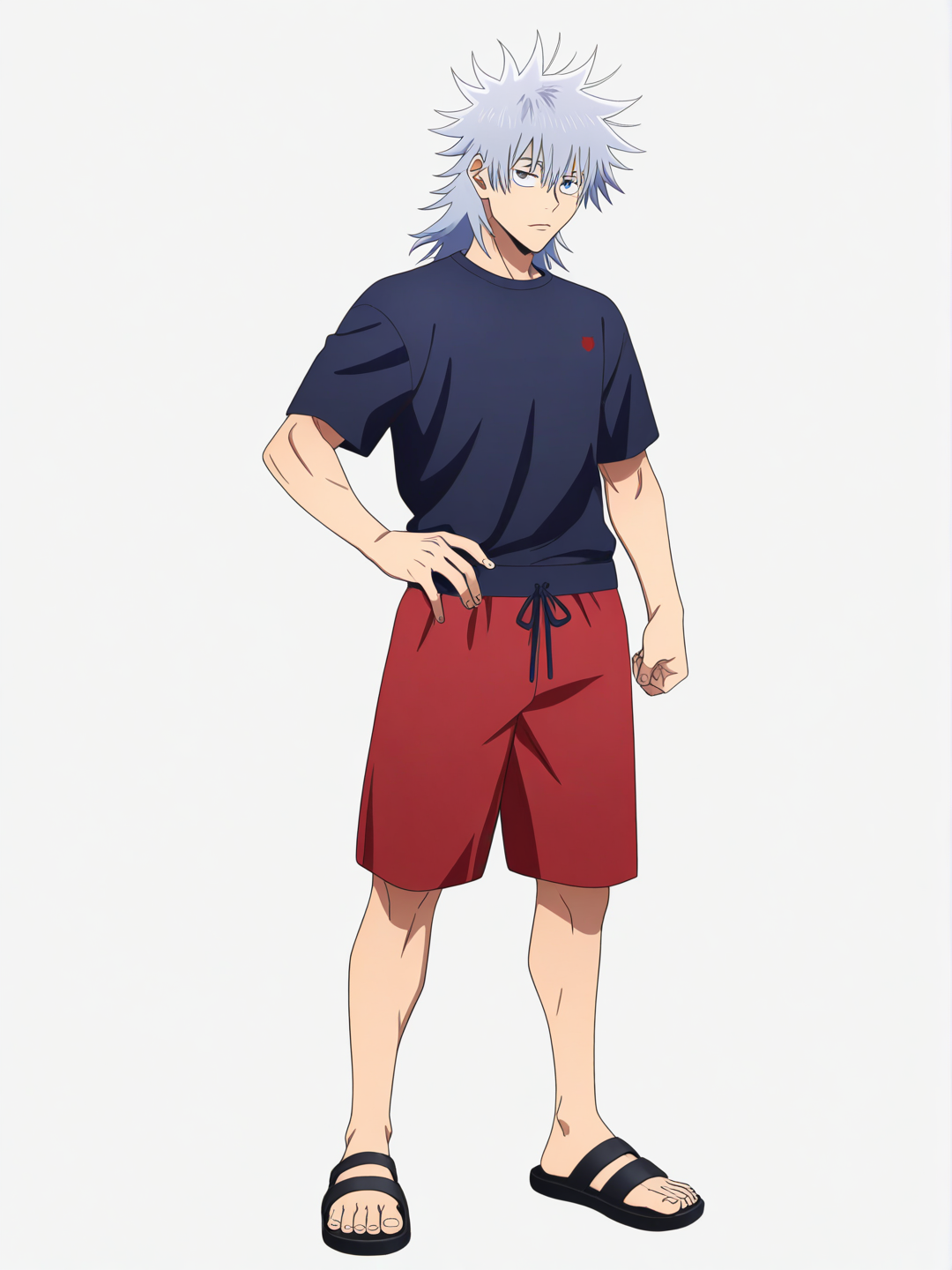 [pop-anime-style] 1boy, jujutsu kaisen style, teenager, silver hair, mullet, red hair, beach shorts, t-shirt, single character, full body, looking at viewer, simple background, white background