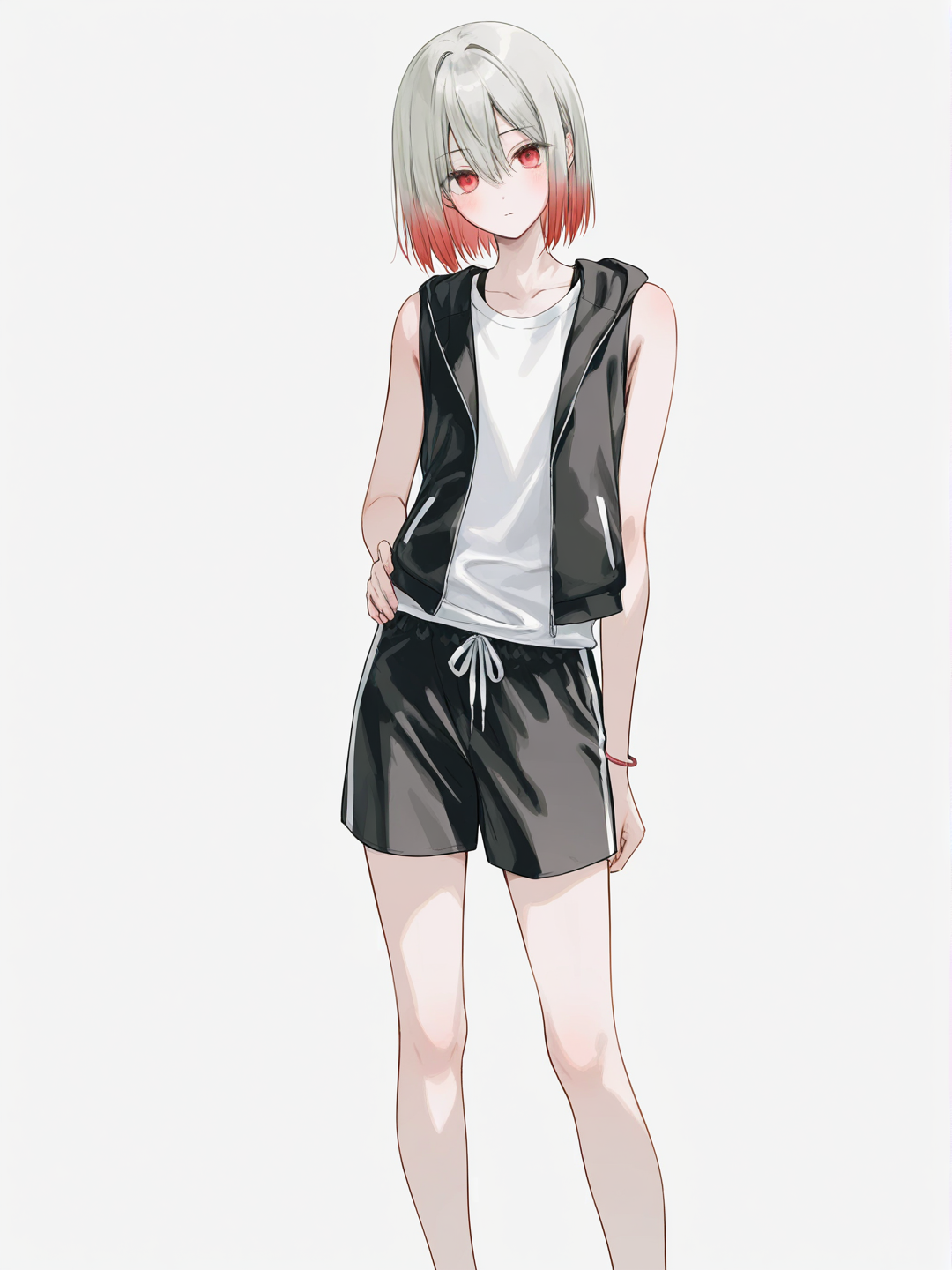 [soft-pastel-style] 1boy, demon_slayer_style, original_character, teenager, tall, curvy, slim, red_eyes, red_hair, gray_hair, vest, beach_shorts, single_character, full_body, looking_at_viewer, anime_style, simple_background, white_background