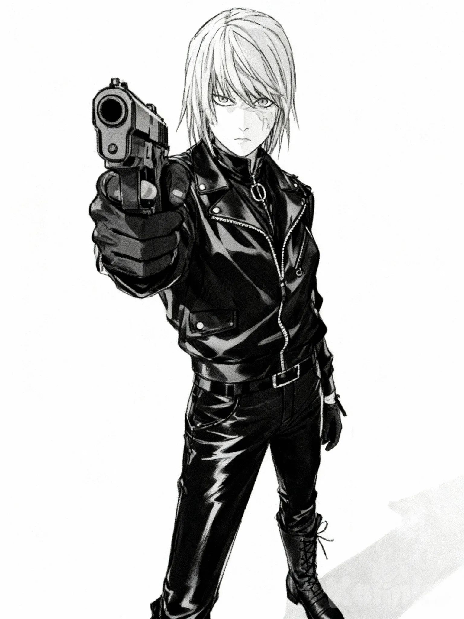 @Mello, holding gun, pointing at viewer, yandere, [grayscale-manga-style]