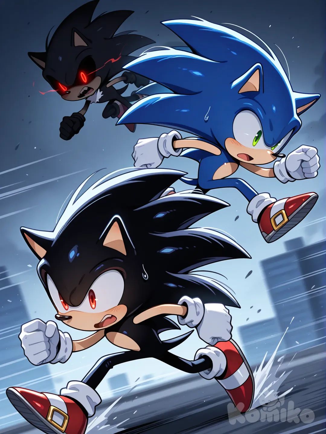 @Sonic_The_Hedgehog, está corriendo a tan alta velocidad que no se ve muy bien el entorno en eso a su lado se ve una extraña cosa negra similar a el con ojos rojos, eso deja a Sonic en shock