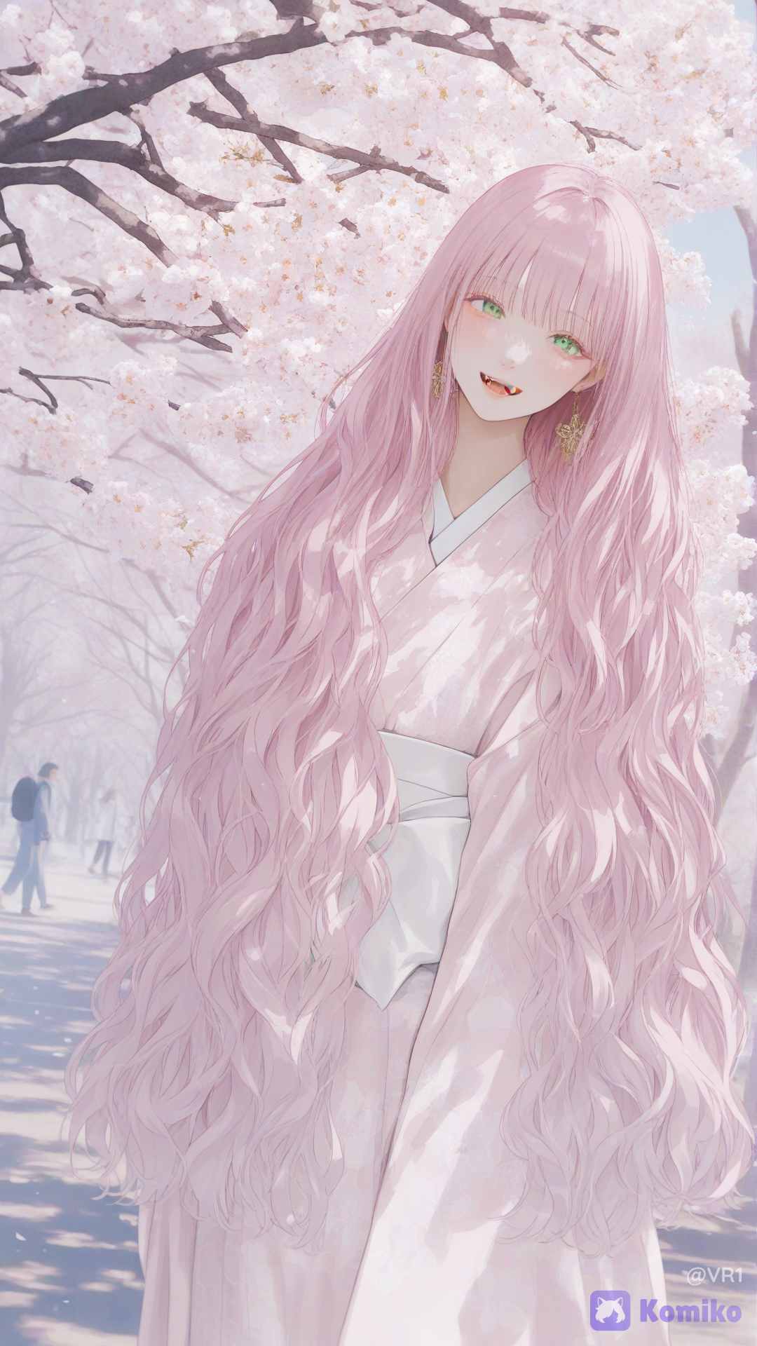 une femme qui a 18 ans elle a les chveux long rose pastel eblouissant et ondule c'est chveux brie comme de la soie et c'est yeux sont en forme d'amande ils sont vert avec des cils rose comme ses cheveux elle des boucle doreille doré elle sourit elle a des canine elle a un kimono rose a motif des fleur de cerisier avec des feille verte elle fait le signe de la paix avec c'est main elle brille de joie elle panche un peu la tete sur le coté autour d'elle c'est un park ou en peux voir des passant deriere , eclaré, super realist hair, super realiste eyes, [soft-pastel-style] Ultra realistic masterpiece, photorealistic, cinematic lighting, extremely detailed, ultra high resolution, 16K UHD, Full HD quality, hyper detailed skin texture, realistic pores, ultra realistic face, ultra realistic eyes, ultra realistic hair, realistic human body proportions, natural lighting, lifelike shadows, highly detailed facial features, sharp focus, crystal clear image, vivid colors, cinematic atmosphere, realistic depth of field, realistic reflections, realistic textures, professional photography quality, HDR, no blur, extremely sharp details, highly detailed skin, realistic eyelashes, realistic lips, realistic hair strands, natural expression, highly detailed full body portrait, photo-realistic quality, true-to-life appearance, ultra clean image quality, premium visual quality, studio quality rendering.  Faithful to the reference face, preserve facial identity, natural anatomy, realistic skin imperfections, ultra detailed eyes and skin, highly realistic human texture, realistic lighting and shadows, cinematic realism, masterpiece composition, extremely high detail, professional quality.