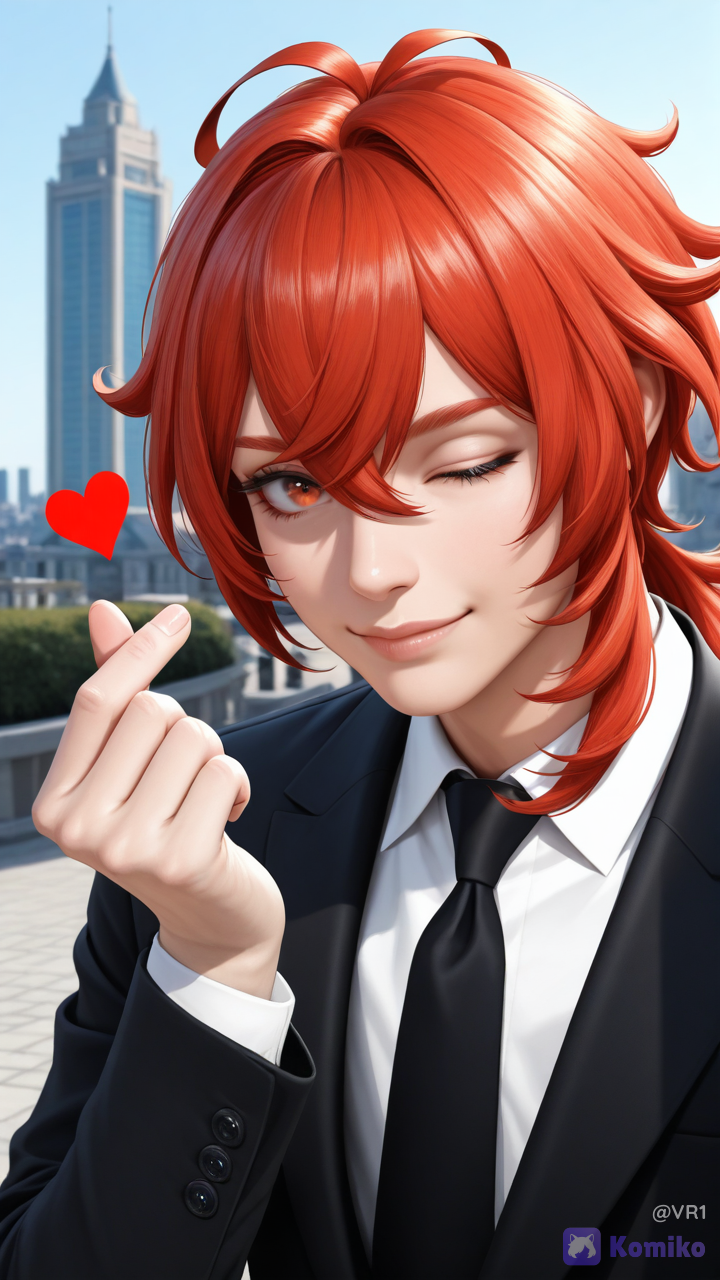 diluc (genshin impact), finger heart, los Santos (city), one eye closed, smile, necktie, uniform suit, suits, closed mouth, photo background,  Ultra realistic masterpiece, photorealistic, cinematic lighting, extremely detailed, ultra high resolution, 16K UHD, Full HD quality, hyper detailed skin texture, realistic pores, ultra realistic face, ultra realistic eyes, ultra realistic hair, realistic human body proportions, natural lighting, lifelike shadows, highly detailed facial features, sharp focus, crystal clear image, vivid colors, cinematic atmosphere, realistic depth of field, realistic reflections, realistic textures, professional photography quality, HDR, no blur, extremely sharp details, highly detailed skin, realistic eyelashes, realistic lips, realistic hair strands, natural expression, highly detailed full body portrait, photo-realistic quality, true-to-life appearance, ultra clean image quality, premium visual quality, studio quality rendering.  Faithful to the reference face, preserve facial identity, natural anatomy, realistic skin imperfections, ultra detailed eyes and skin, highly realistic human texture, realistic lighting and shadows, cinematic realism, masterpiece composition, extremely high detail, professional quality.