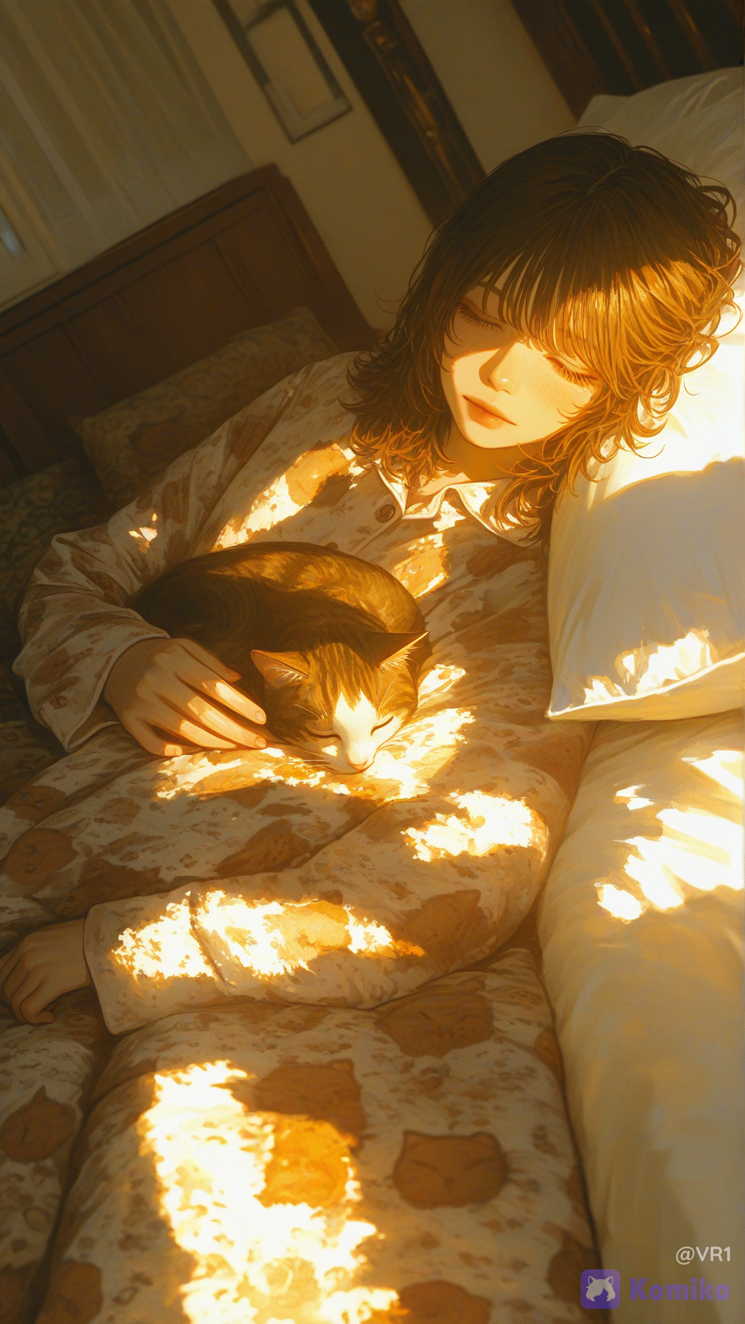 A girl in pajamas sleeps on a bed, a cat sleeps next to her,