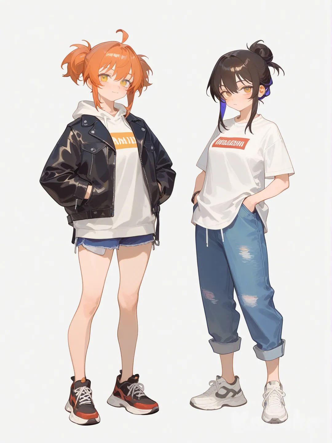 2girls, [soft-shading-style], hands in pockets, t-shirt, leather jacket, polo shirt, hoodie, full body, looking at viewer, closeup
