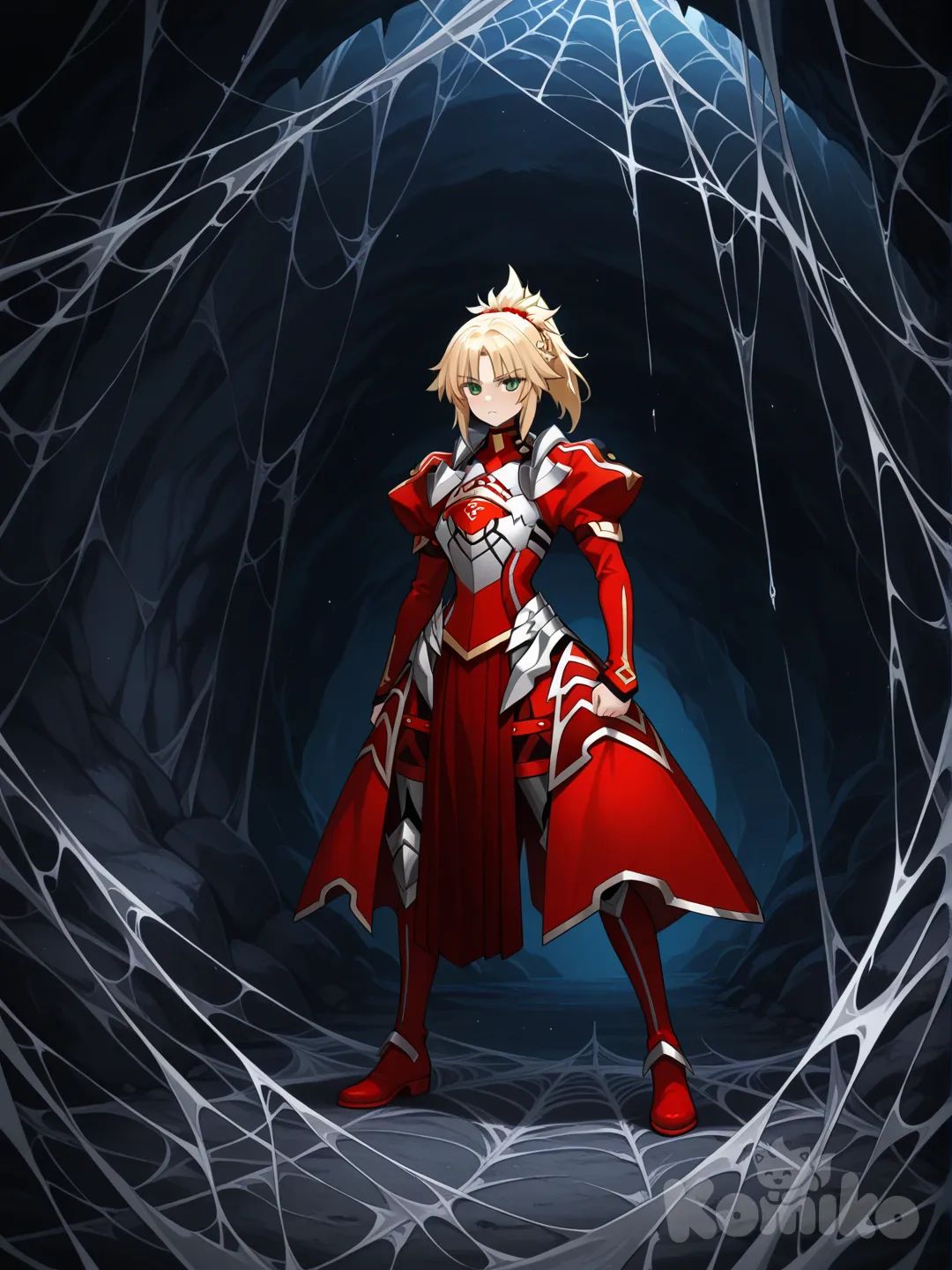mordred (fate/apocrypha), standing in cave, webs