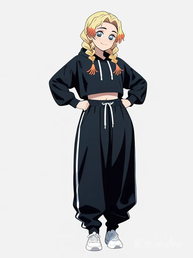 1girl, twintails, blonde_hair, blue_eyes, freckles, tan_skin, mature_female, black_hoodie, wide-leg_pants, knee-high_socks, demon_slayer_style, single_character, full_body, looking_at_viewer, simple_background, white_background