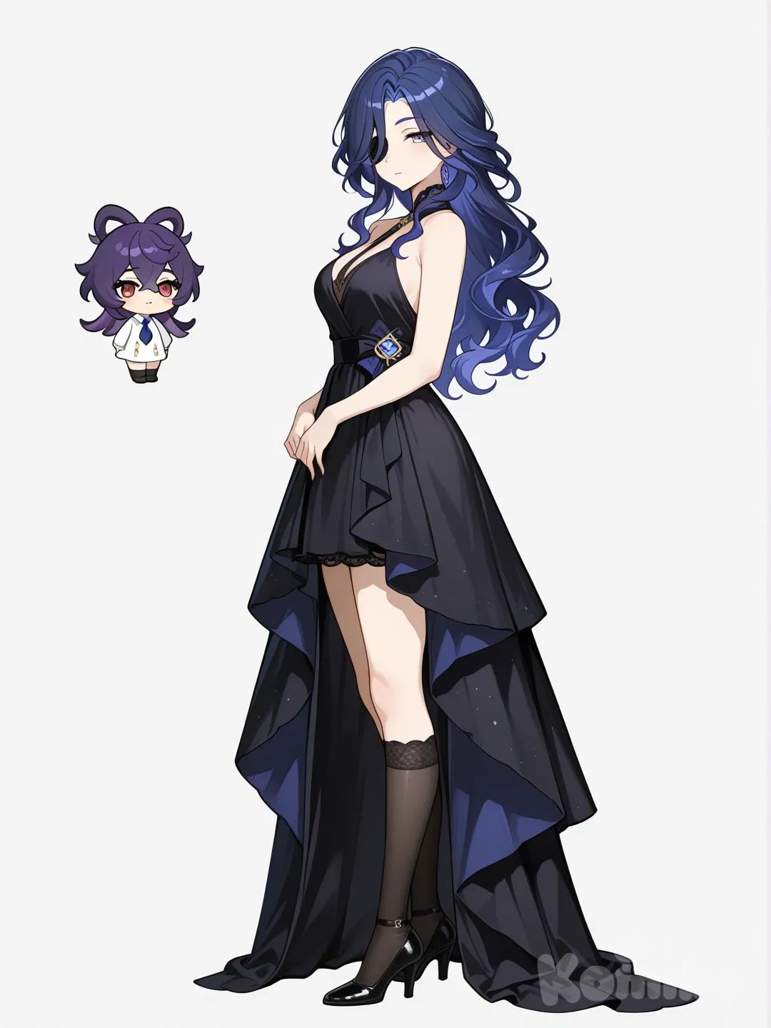 2girls, genshin_impact, mature, purple_hair, blue_hair, frizzy_hair, wavy_hair, red_eyes, grey_eyes, olive_skin, fair_skin, formal_dress, knee_high_socks, eyepatch, full_body, looking_at_viewer, anime_style, simple_background, white_background