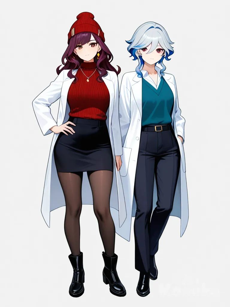 2girls, genshin_impact, mature, gray_hair, maroon_hair, long_hair, wavy_hair, red_eyes, brown_eyes, fair_skin, olive_skin, lab_coat, knitted_vest, pants, pencil_skirt, beanie, earrings, knee_high_socks, full_body, looking_at_viewer, simple_background, white_background
