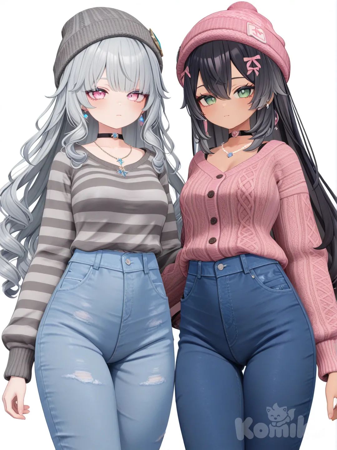 [3d-anime-style] 2girls, genshin impact style, teenager, straight_hair, black_hair, gray_hair, curly_hair, green_eyes, pink_eyes, blue_eyes, olive_skin, tan_skin, striped_shirt, knitted_cardigan, casual_pants, wide-leg_pants, choker, necklace, earrings, knit_hat, full_body, looking_at_viewer, simple_background, white_background