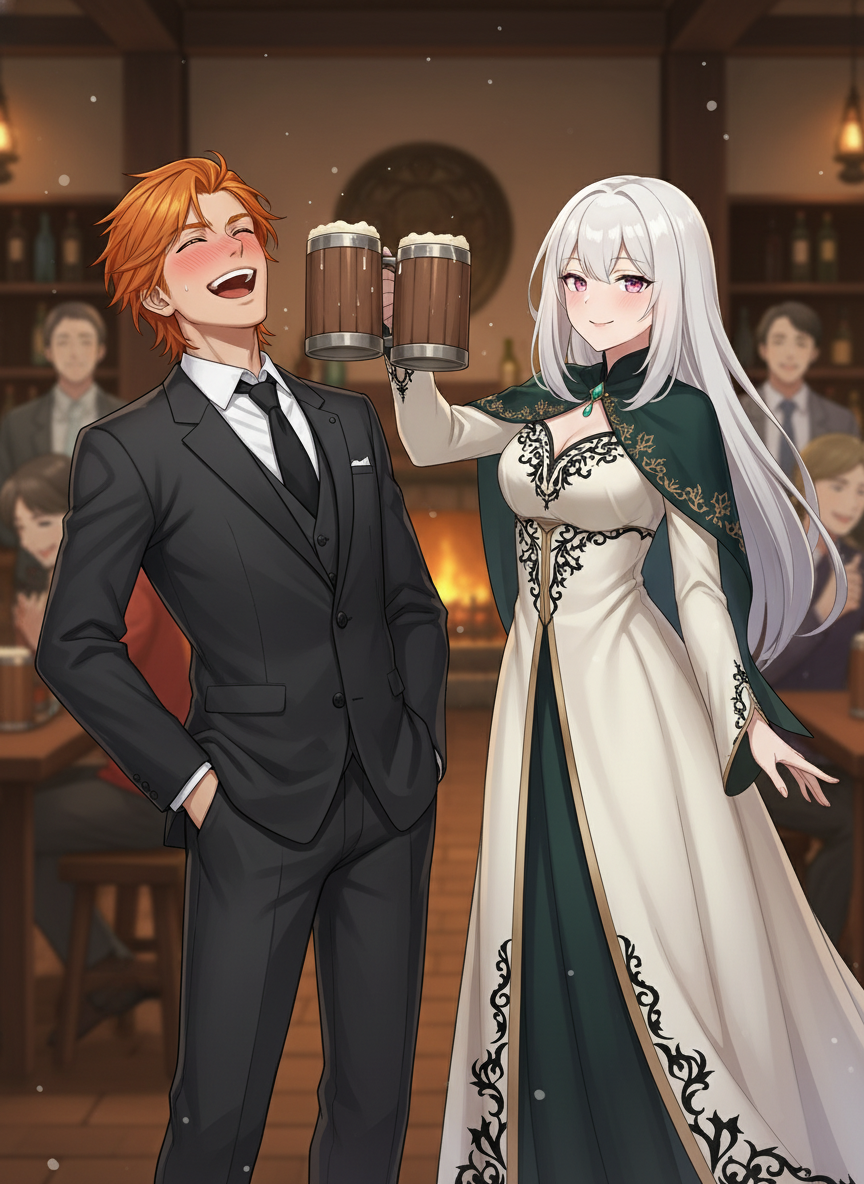 @jackson-SNSu, hands in pockets, laughing, suit, @sera-ab2f, evening dress, ivory white,Black, dark green, smile, smirk, both characters are drinking at a tavern both buzzed and blushing as they hold up another tankard in celebration , anime style