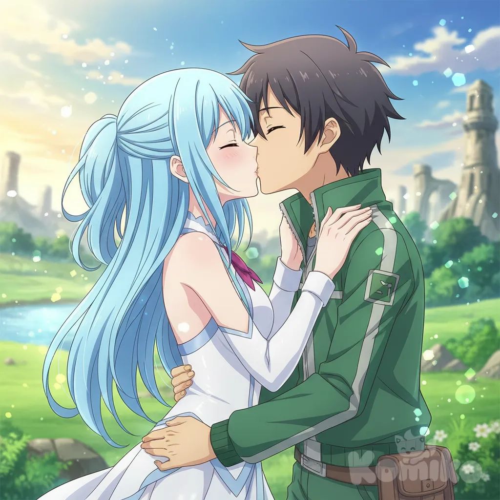 2people, kissing, anime style, aqua (konosuba), satou kazuma