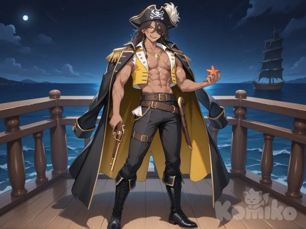 (Obra maestra, máxima calidad, alto nivel de detalle: 1.3), ilustración digital de anime, Leona Kingscholar (Twisted Wonderland), capitan pirata, traje de Halloween, protagonista masculino, retrato de cuerpo entero.
Rasgos físicos: piel bronceada, complexión atlética, abdominales marcados, hombros anchos, cabello castaño oscuro alborotado, mechones trenzados, rasgos faciales marcados, sonrisa arrogante, colmillos afilados visibles (cicatriz vertical distintiva sobre el ojo izquierdo: 1.2), parche negro en el ojo izquierdo, ojo derecho de un verde felino intenso, pupilas rasgadas.
Detalles del atuendo: camisa blanca de poeta abierta, mangas rasgadas, chaleco amarillo mostaza, abrigo de capitán gris oscuro, solapas decoradas con estrellas de mar y conchas de coral, sombrero tricornio oscuro con adornos marinos, cinturones de cuero cruzados, collares dorados.
Escenario y ambiente: de pie en la proa del barco cubierta de madera, sujetando una pistola pirata, noche, cielo estrellado, luz de luna dramática, sombras fuertes, atmósfera misteriosa, pose dominante.